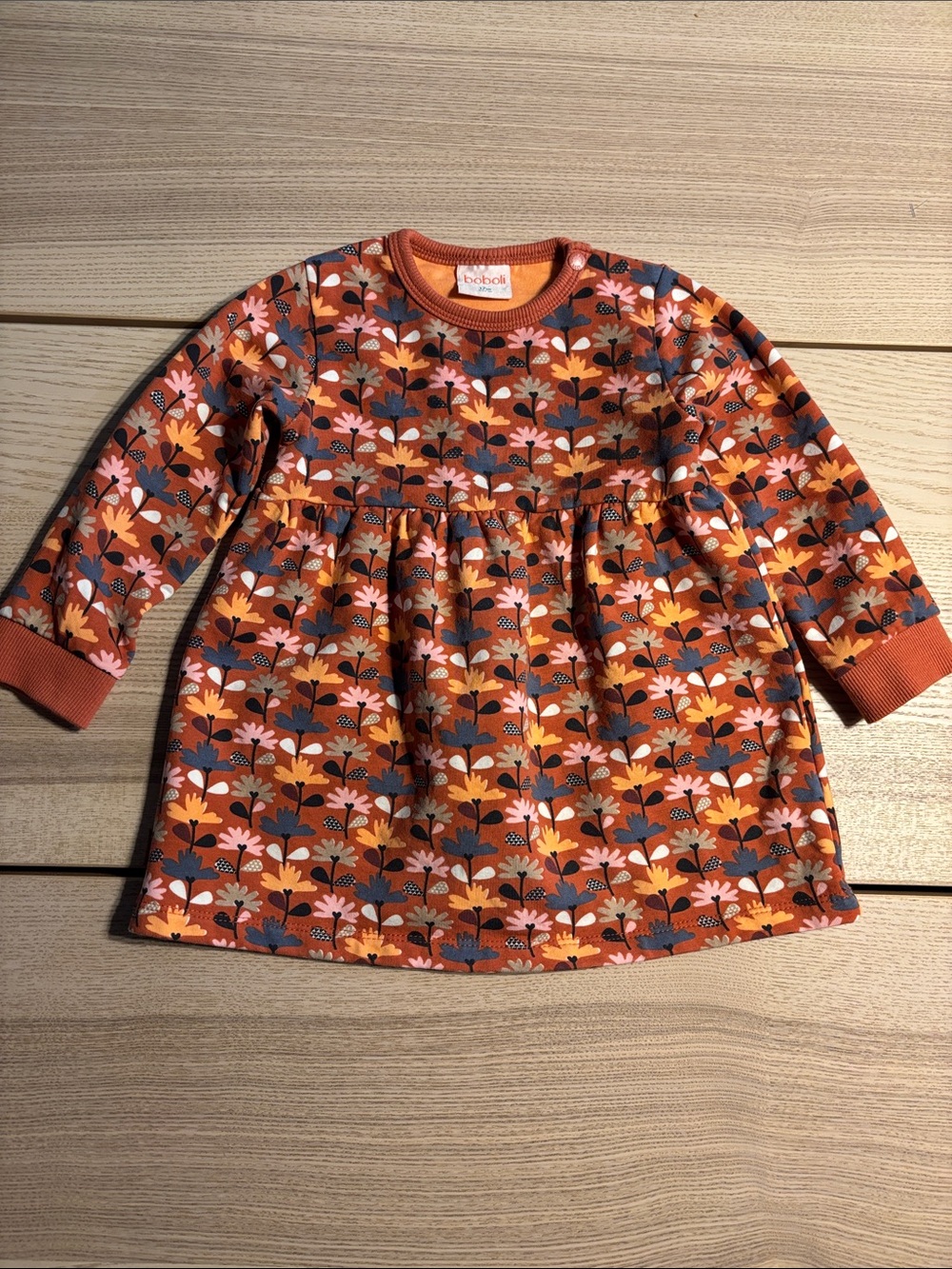 Girls' Floral-Print Long-Sleeve Dress in Rust Orange